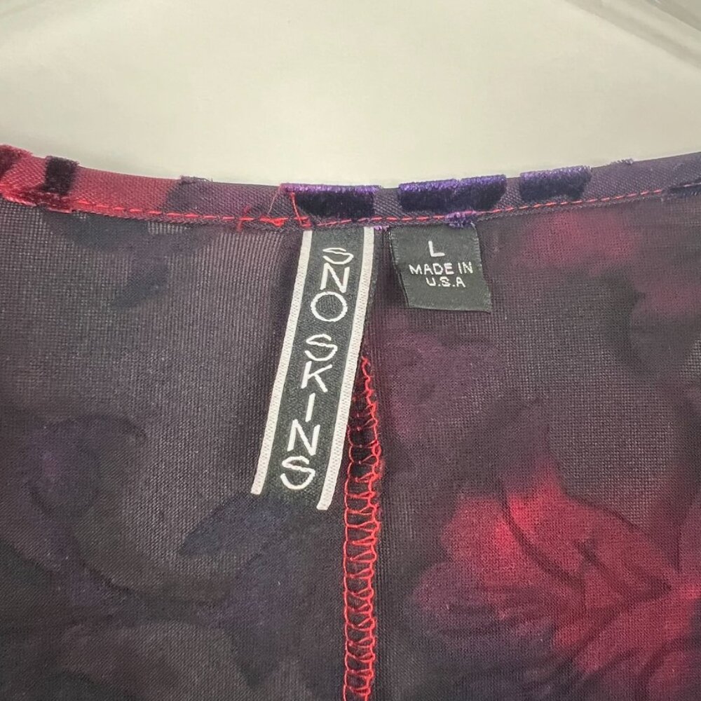 Snoskins Blouse Womens Large Black Red Purple Sheer Velvet Burnout Floral Ruffle - Picture 4 of 11